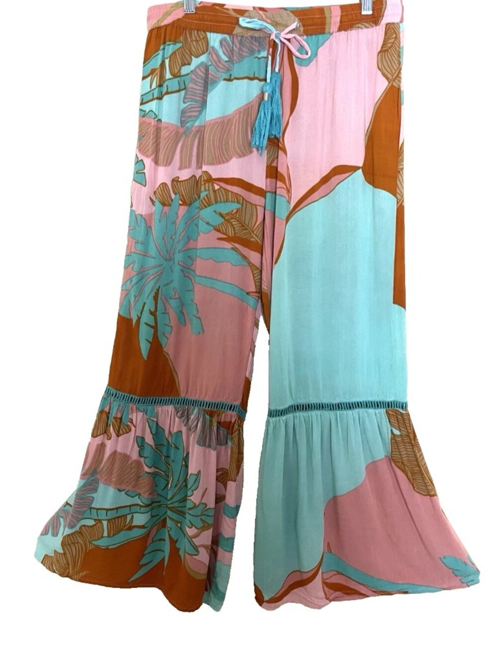 True Destinations Flare Leg Pull on Pants Large Beach Resort Relaxed Drawstring